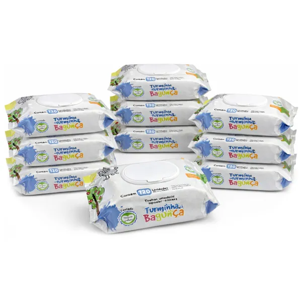 Kit 10 Lenços Umedecidos Infantil com Tampa Flip Top 120 Folhas – Limpeza Suave para Pele Sensível Bebê – Turminha da Bagunça