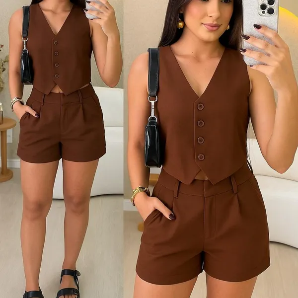Conjunto Feminino Shorts + Colete Nova Tendência 2026 Primavera Verão