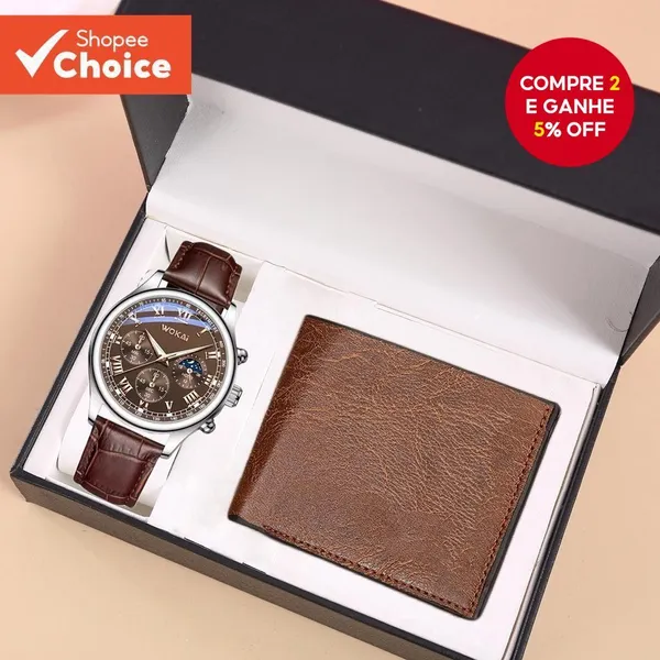 Conjunto de Relógio e Carteira Masculino Kegllect Sem Caixa de Couro Casual