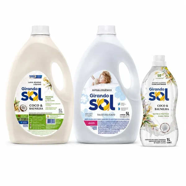 Girando Sol Sabão Líquido 5L Coco e Baunilha | Amaciante 5L Hipoalergenico | Kit Concentrado Coco 1L