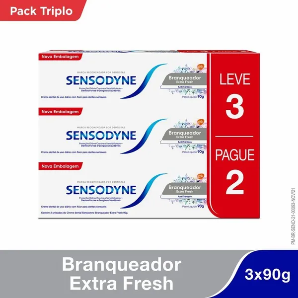 KIT LEVE 3 PAGUE 2 SENSODYNE BRANQUEADOR EXTRA FRESH PASTA DE DENTE PARA  DENTES SENSÍVEIS 90G