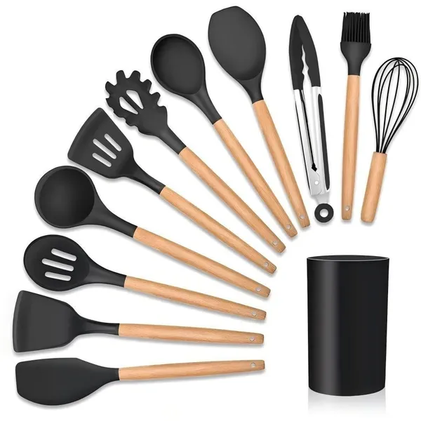 KIT 12 PEçAS DE UTENSíLIOS PARA COZINHA EM SILICONE E BAMBU