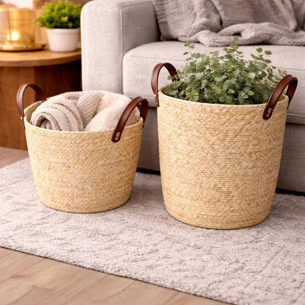Cesto Organizador Fibra Natural com Alça 33x28cm Cor Moccá Decorativo Boho Multiuso
