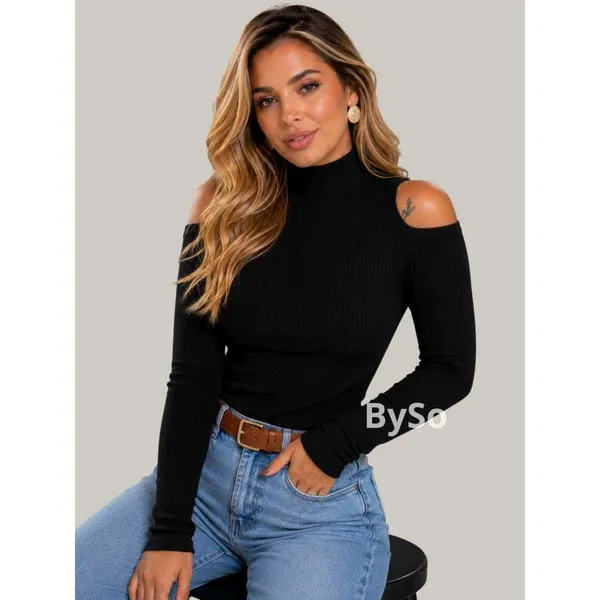Blusa Feminina Canelada Decote No Ombro Manga Longa Blusinha Elegante