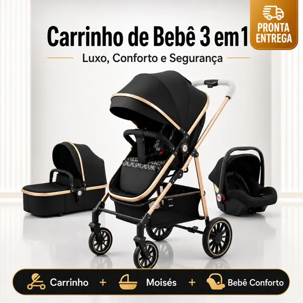 Carrinho De Bebê 3 Em 1 Premium Luxo Moisés + Bebê Conforto Completo Reclinável Rodas Com Amortecedor Kit Enxoval Segura