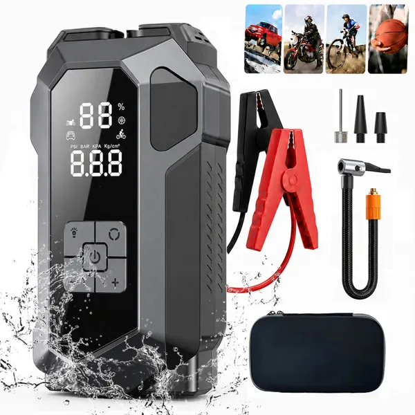 4 em 1 Auxiliar de Partida e Compressor Portátil 26800mAh 150PSI, Carregador de Bateria de Carro, Lanterna LED SOS