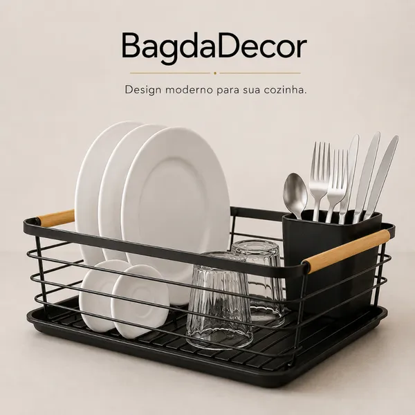 Escorredor de Louça Premium Preto com Bandeja Removível 🥂 Porta Talheres Aço Inox + Bambu