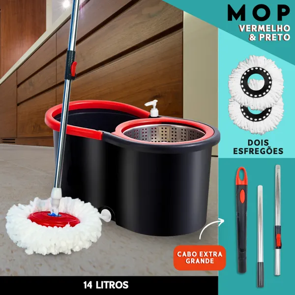 Mop Giratório com Cabo de 140 cm + 2 Refis Balde Centrífuga Cesto em Inox com Rodinhas – SHEFA