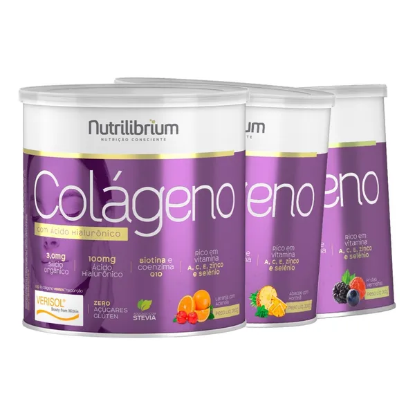 Kit 3x Colágeno Hidrolisado Verisol + Ácido Hialurônico + Biotina + Coenzima Q10 200g Nutrilibrium
