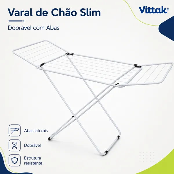 Vittak Varal De Chão  Slim Reforçado Com Abas Dobráveis Branco – Portátil E Compacto