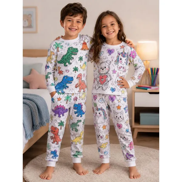 Pijama de Colorir Inverno Manga Longa Lavável Menina Menino com Kit de Canetinhas