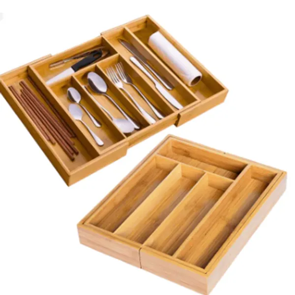 Porta Talheres Bambu Organizador Separador 5 Divisórias Extensivel Gaveta Grande BAMBU