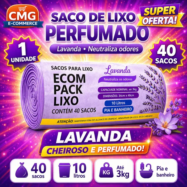 Saco de Lixo Lavanda 10L – Perfumado, Ante Odor e Resistente p/ Banheiro, Pia e Cozinha