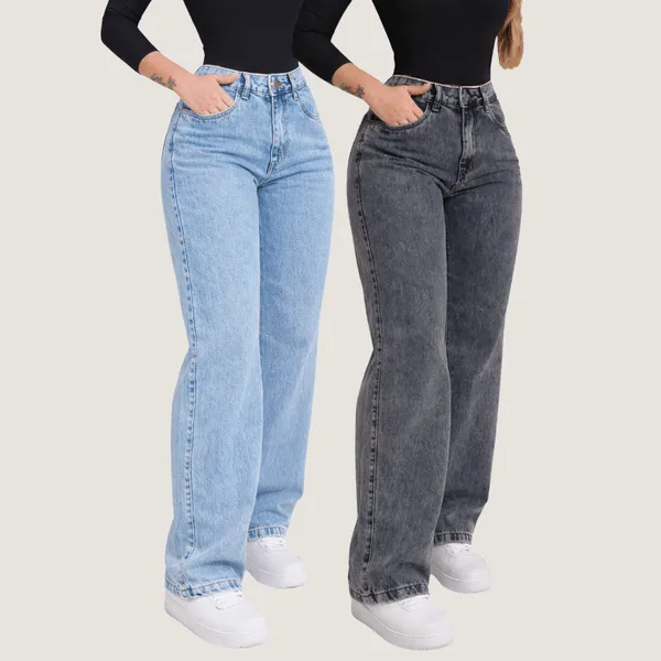 Kit Calça   Wide leg Jeans Grafite Feminina  Pantalona