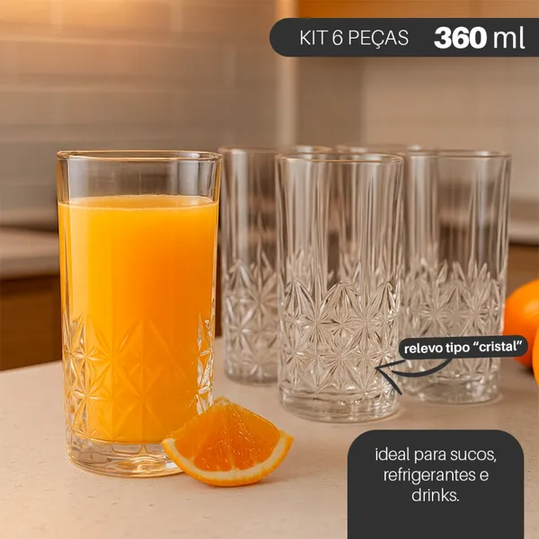 JOGO 6 COPOS DE VIDRO ADHARA 360ML – DESIGN EM RELEVO ESTILO CRISTAL