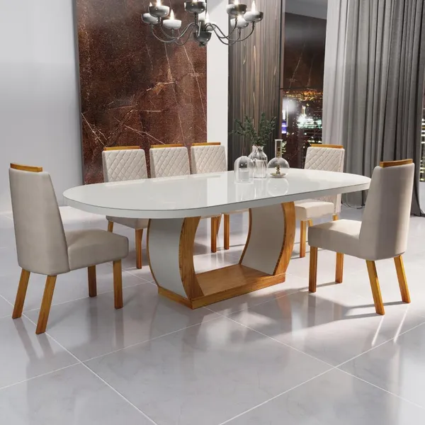 Sala de Jantar 196x90 Mel MDF/Vidro 6 Cadeiras Bom Pastor