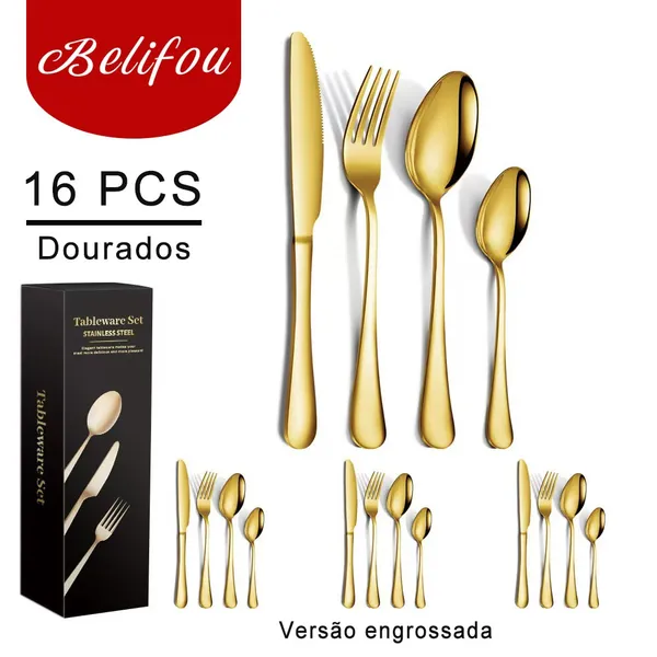 Belifou Kit 16/18/24 Jogo De Talheres Para Bife Aço Inoxidável Dourados  Colher Pequena