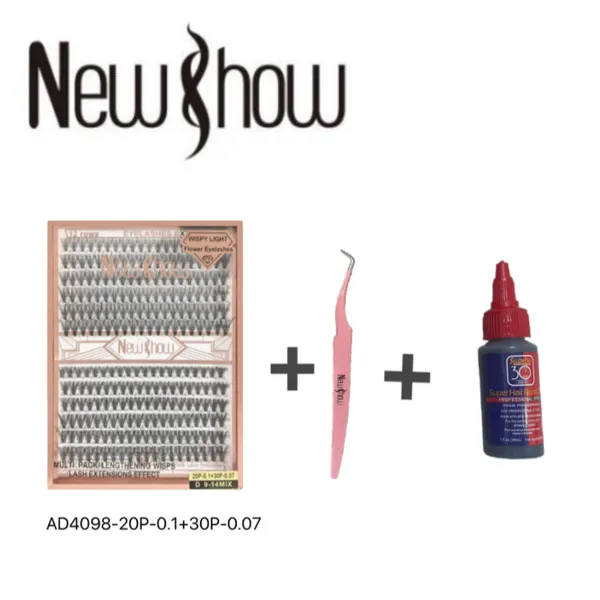 NEW SHOW 1 CARTELA DE AD4098-20P-0.1+30P-0.07 D 9-14MIX CILIOS TUFOS+1 PINçA+1 SUPER COLA 30ML SALON