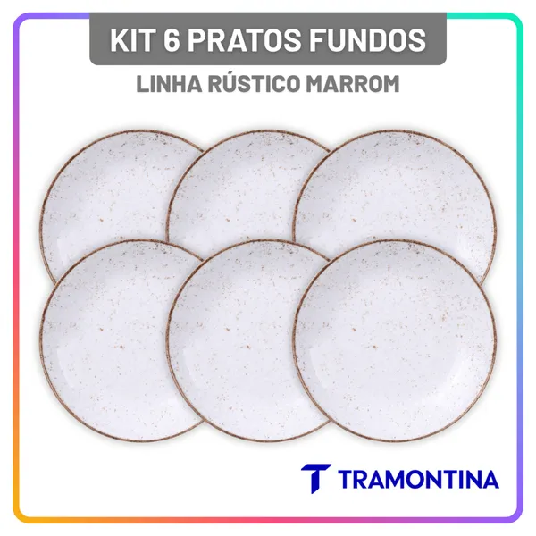 Jogo Pratos Fundos 22 cm Tramontina Rústico Porcelana 6 Peças