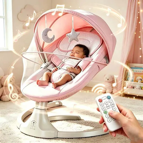 Cadeira Balanço Bebê Descanso com Música, Tela Mosquiteira e Controle Remoto – Ideal para Acalmar seu Bebê