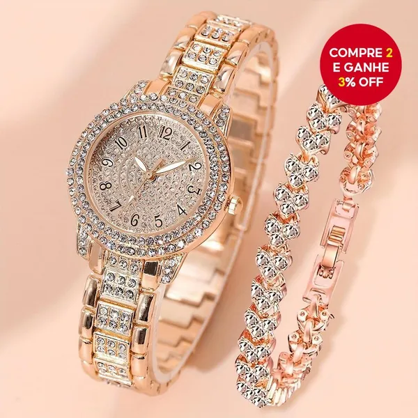 Conjunto De Joias Com Relógio De Pulso Feminino De Quartzo E Bracelete De Diamante Completo - 2 Peças