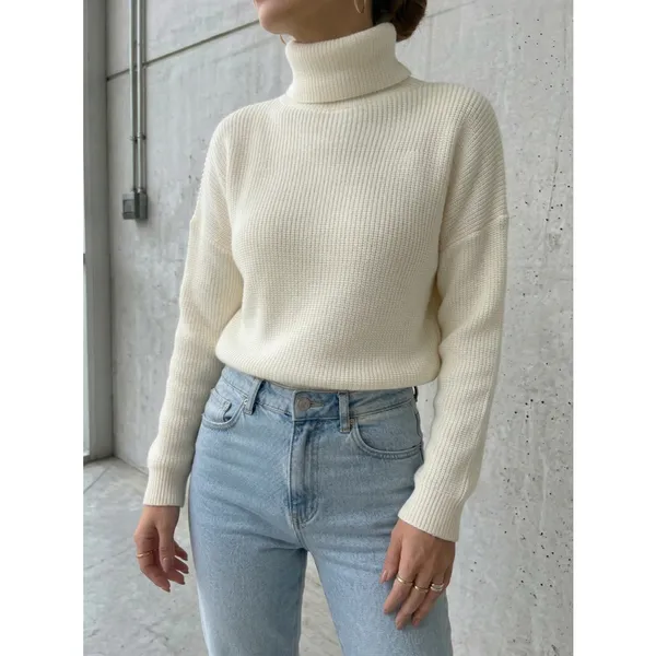 Blusa Tricot Gola Alta Manga Longa Feminina Inverno Casual Elegante Chic Frio Grossa Cacharrel