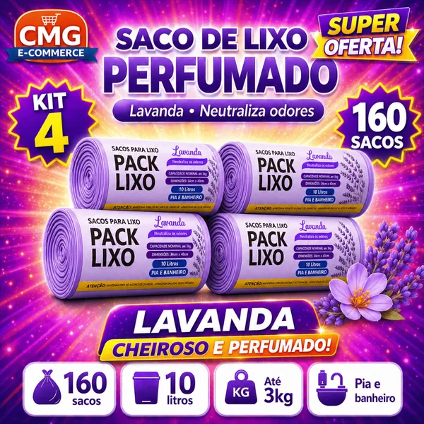 Kit 4 Packs Saco Lixo Lavanda Perfumado 160 Unidades 10 Litros 40 Sacos Pack Pia Banheiro