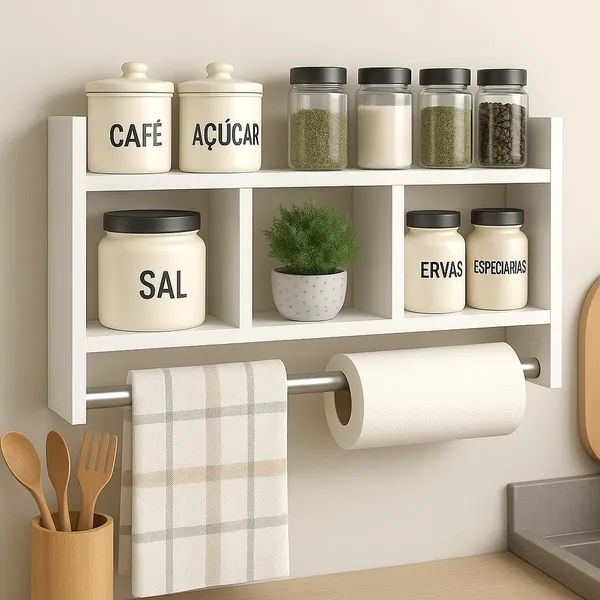 Nicho Porta Papel Toalha e Condimentos Potes Cozinha Banheiro 100% MDF BRANCO TX 15mm Tubo Metal Montado