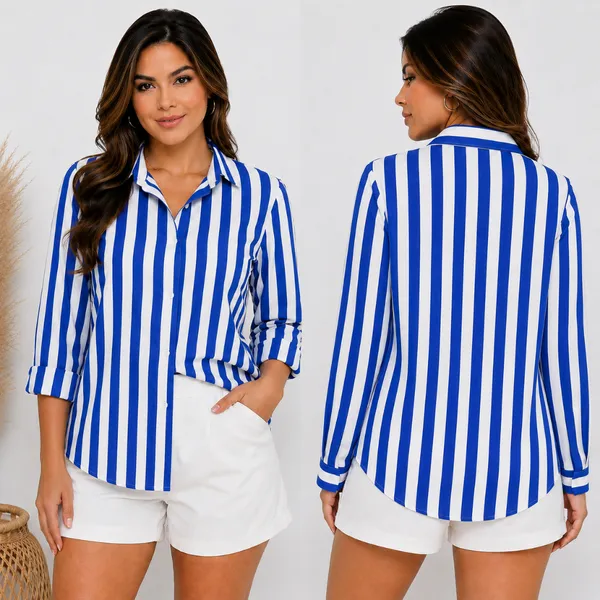 Camisa Casual Blusa Listrada Com Textura Manga Longa