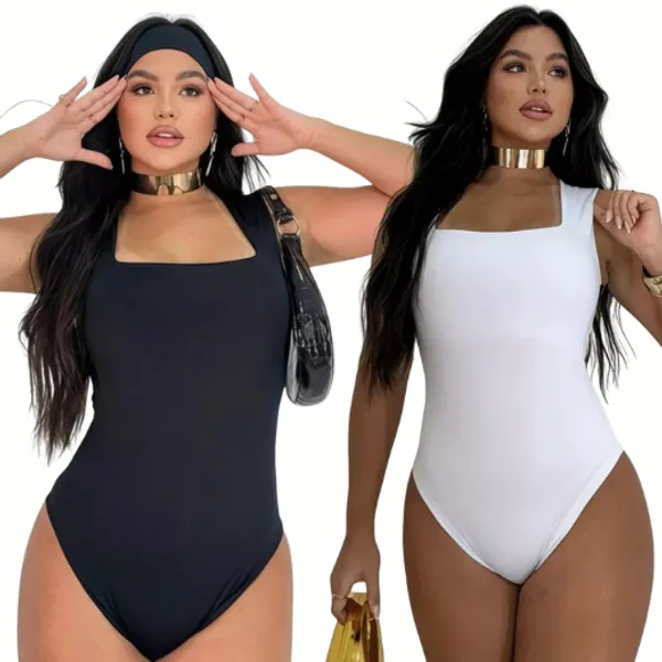 Kit 2 Body Feminino ​Decote Quadrado Alças Grossas Casual Elegante