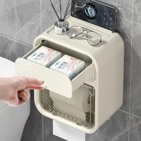 Caixa Porta Papel Higiênico À Prova D'água Dispenser Organizador Banheiro Com Suporte Celular