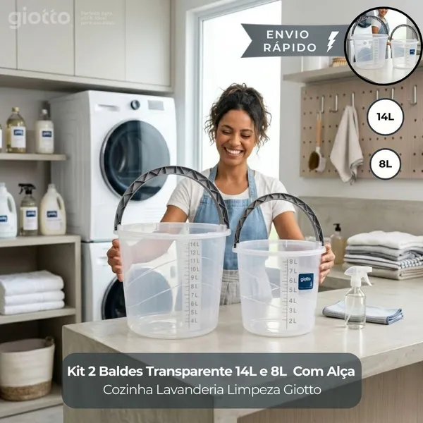 Kit 2 Baldes 14 e 8 Litros Com Alça Resistente Transparente Cozinha Lavanderia Limpeza Giotto
