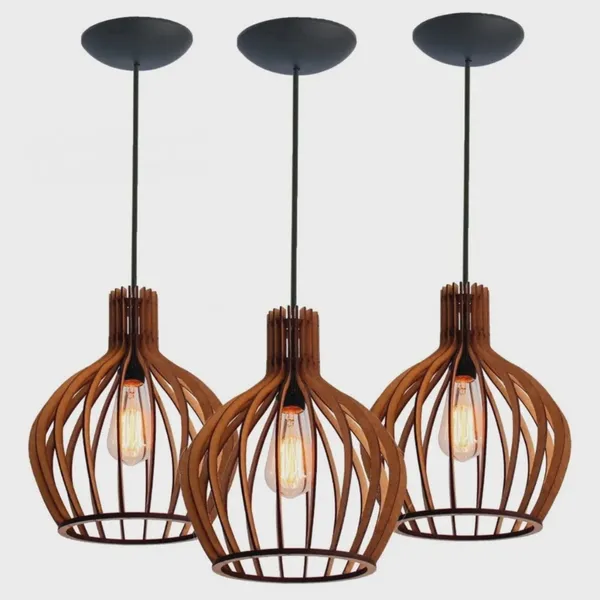 Kit 3 Pendentes Luminária de Teto Lustre Decorativo Retrô Rústico Cor Marrom