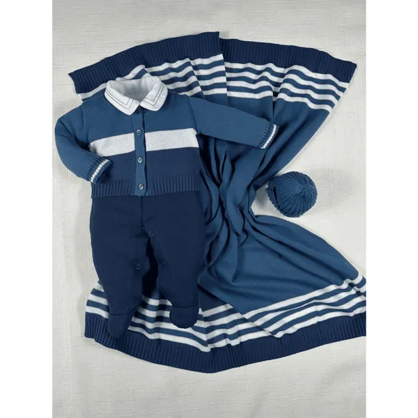 Kit Saida Maternidade Menino Bebe Tricot Azul Petroleo