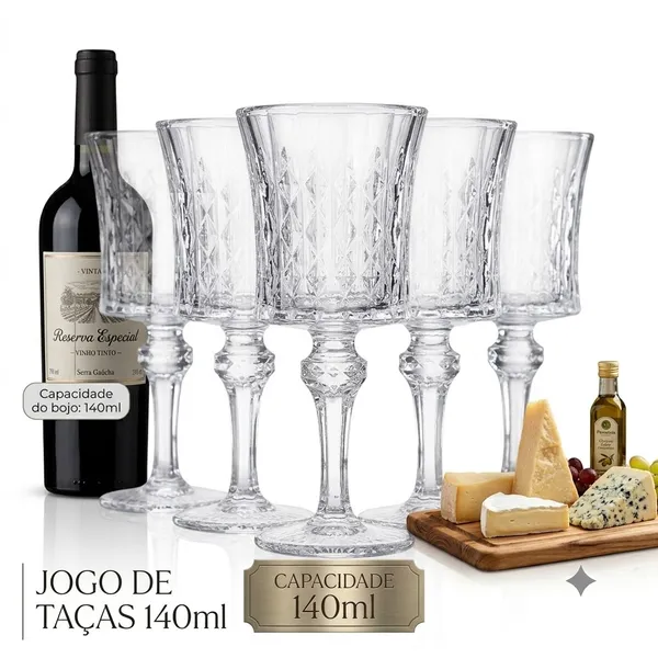 Jogo de 6 Taças 140ml  em Vidro Trabalhado para Vinho Agua e Suco