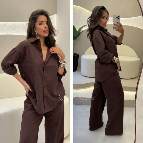 Conjunto Feminino Camisa e Calça Pantalona Linho Elegante Social Alfaiataria Manga Longa Casual