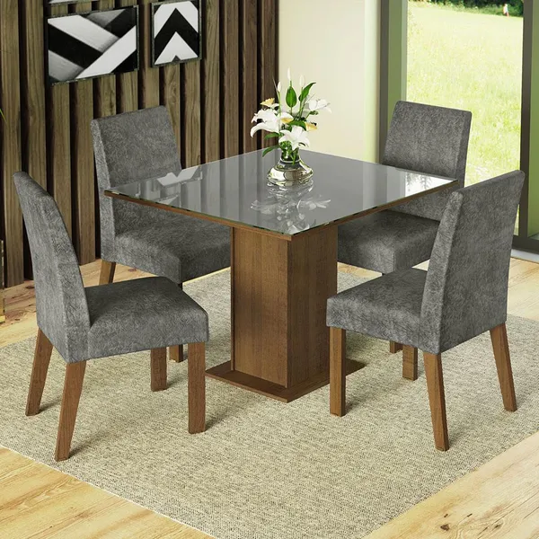 CONJUNTO SALA DE JANTAR MESA TAMPO DE VIDRO 4 CADEIRAS RUSTIC/CINZA/SILVER ANNE MADESA