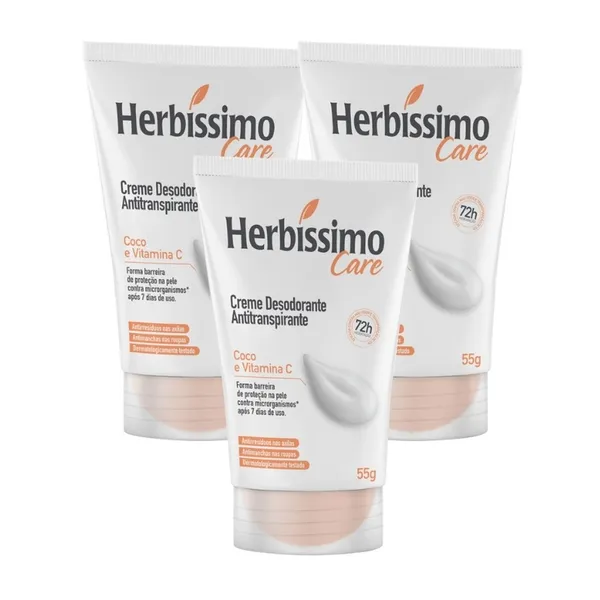 Kit Creme Desodorante Antitranspirante Herbíssimo Bisnaga Care Coco e Vitamina C 55g (3 Unidades)