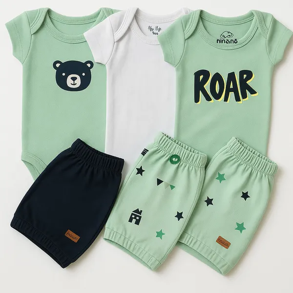Conjunto 4 Peças Bebê Menino 2 Body Manga Curta + 2 Shorts Algodão Enxoval Maternidade