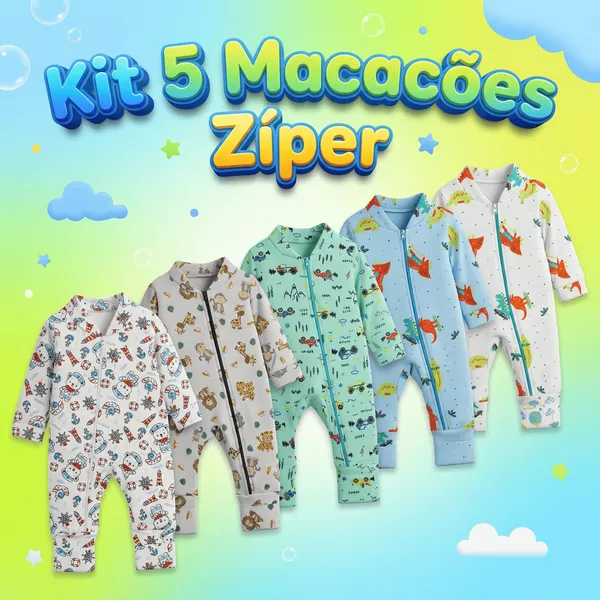 Kit 5 Macacão Estampado Ziper Menino Bebê Algodão Vira Pé Inverno Verao Infantil Macio Macacões