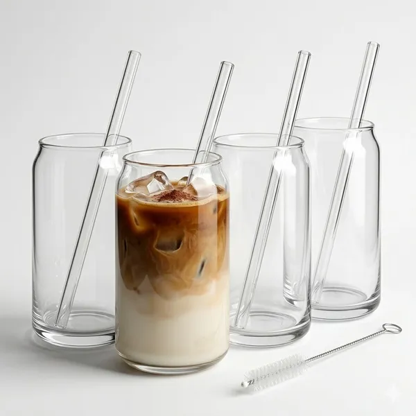 KIT 4 COPOS LATA DE VIDRO 470ML + 4 CANUDOS DE VIDRO + ESCOVA DE LIMPEZA