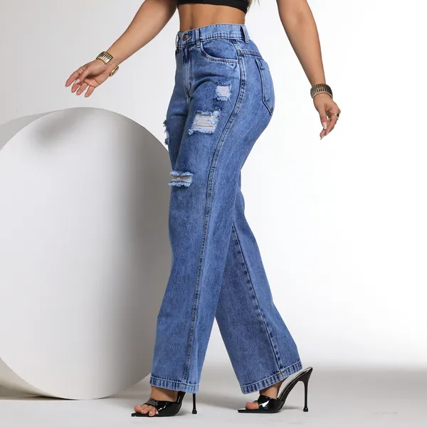 Calça Wide Leg Jeans Feminina Marmorizada  Cintura Alta 100% Algodão Premium