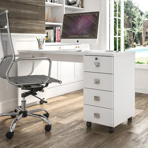 Escrivaninha Para Computador Office Em Mdp 25mm Com 4 Gavetas Dubai Branco Brilhante Lukaliam Moveis
