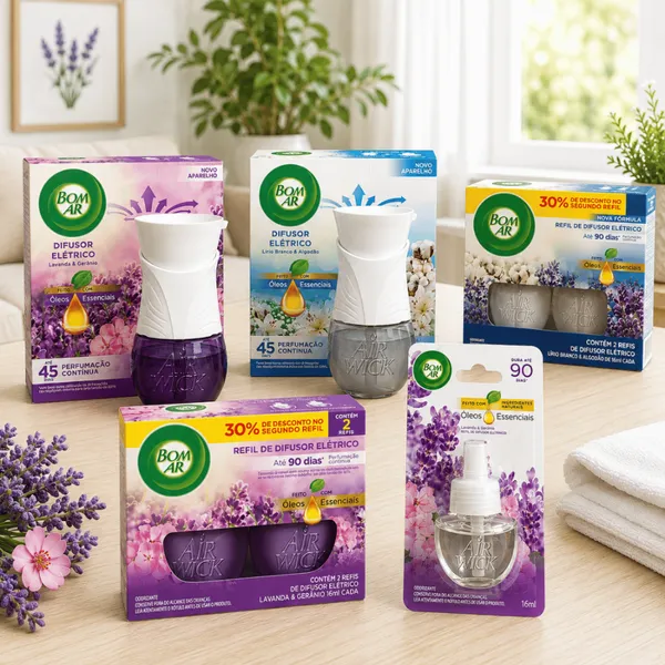 Aparelho e/ou Refil Bom Ar Difusor Elétrico Lavanda, Algodão, Framboesa - Cheirinho de casa, Perfume