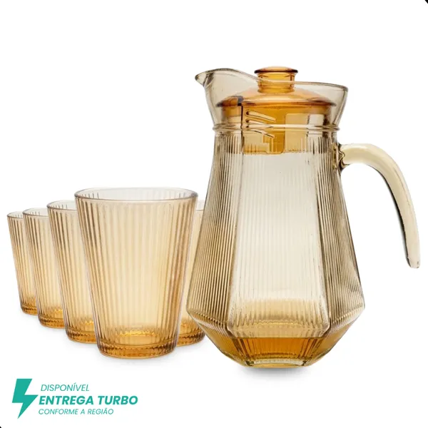 CONJUNTO DE 1 JARRA DE VIDRO ÂMBAR COM TAMPA E 6 COPOS – 7 PEçAS – DESIGN SOFISTICADO E RESISTENTE
