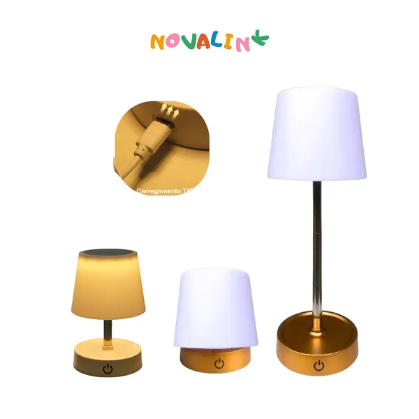 Abajur  Recarregável Touch Luminária Retrátil em Aço com Luz de Led Branco Quente Ajustável-USB