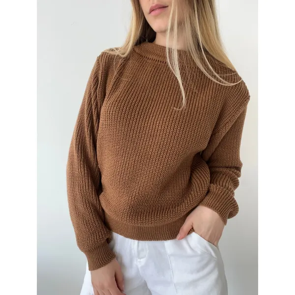 Blusa Tricô Inverno Ponto Fang Tricot Gola  Redonda Manga Bufante