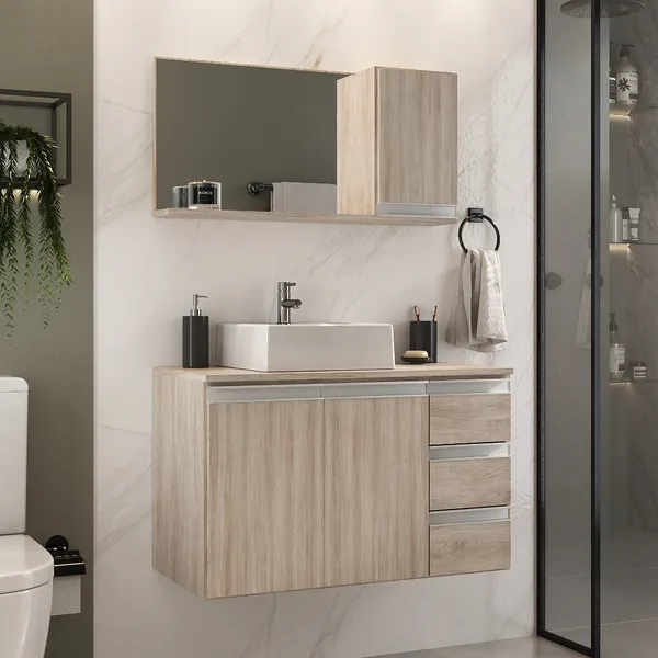 Gabinete Banheiro Prisma 80cm (gabinete + cuba + espelheira) Opção: TAMPO VIDRO