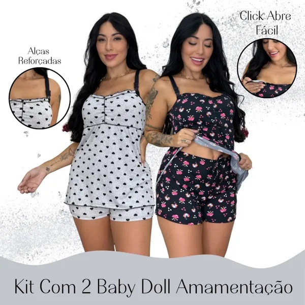 kit 2 Baby Doll Amamentação Gestante Confortável Click Abertura Seguro lactante