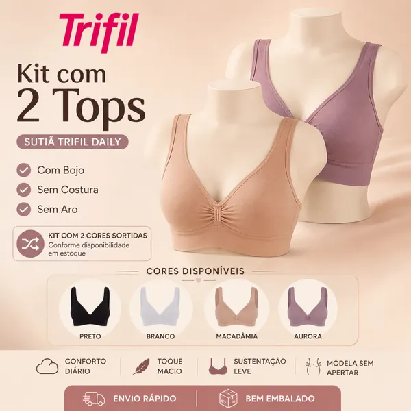 Kit Com 2 Top Sutia Trifil Daily Com Bojo Modelo Sem Costura E Sem Aro